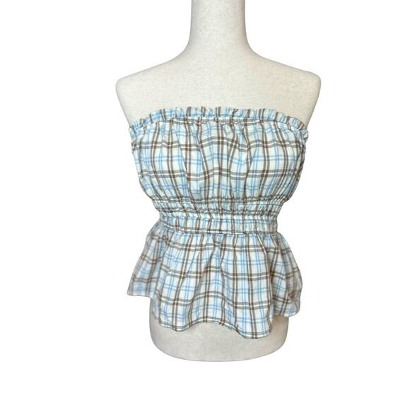 Haute Monde Boho Blue Plaid Strappless Smocked Cropped Peplum XL Cottagecore - Picture 3 of 7